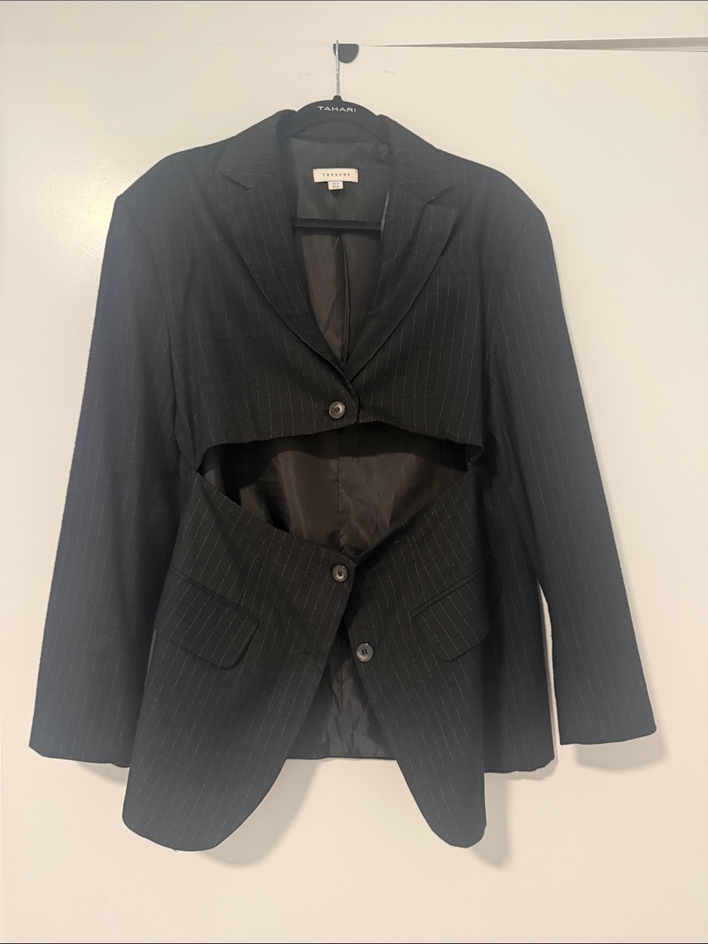 Tahari Black Pinstripe Cropped Cutout Blazer